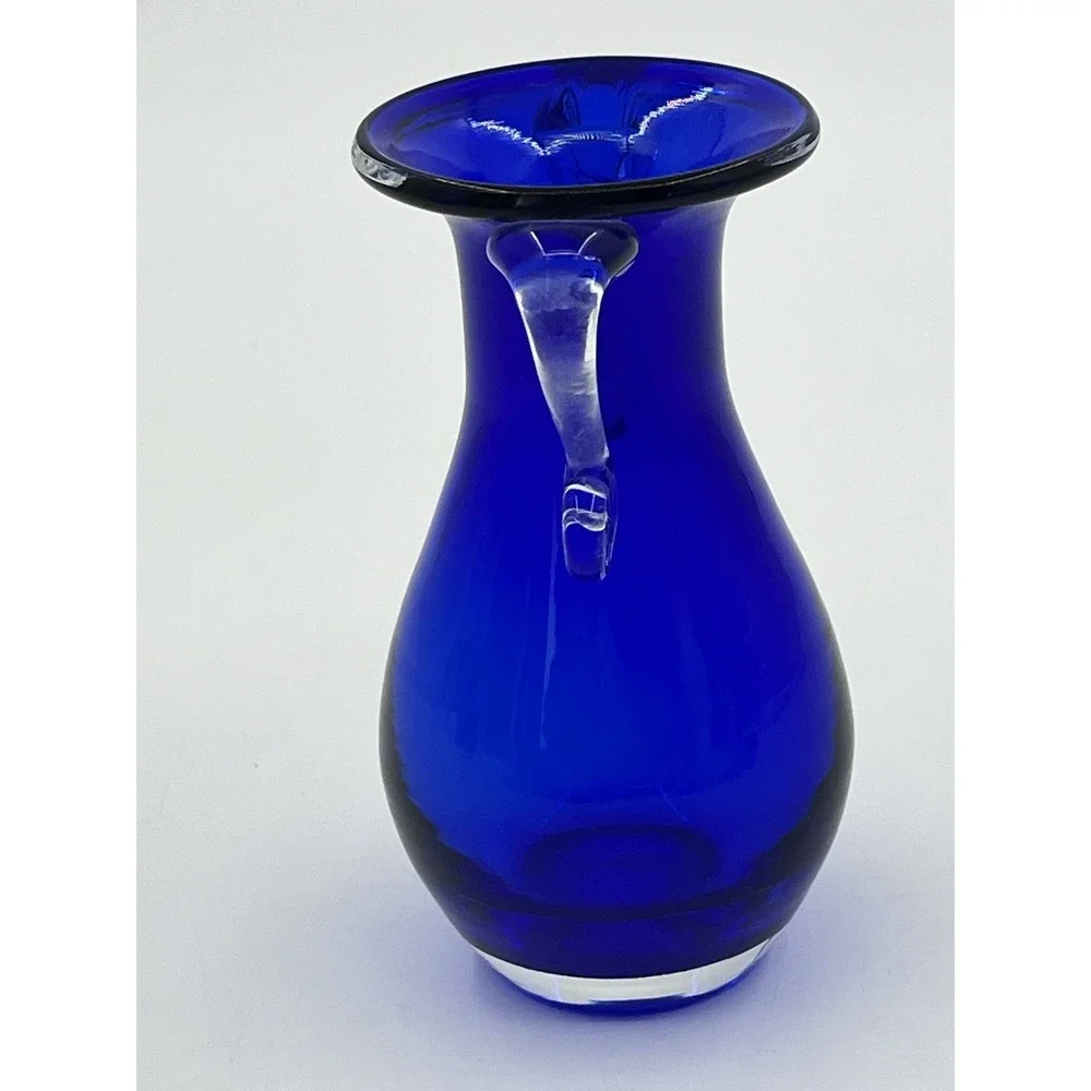 Vintage Cobalt Blue Vase Glass Bouquet With Applied Clear Glass Handles EUC
